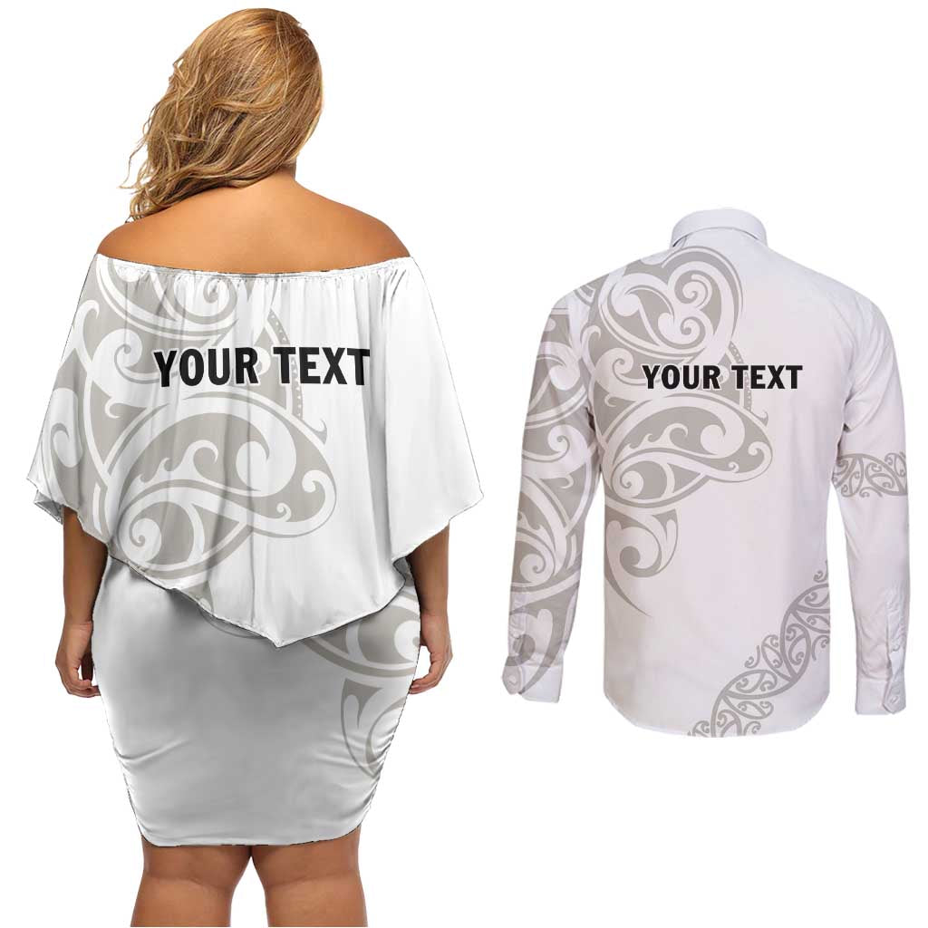 All White Maori Tribal Tattoo Personalised Couples Matching Off Shoulder Short Dress and Long Sleeve Button Shirt Stone Gray Polynesian Style - Polynesian Pride