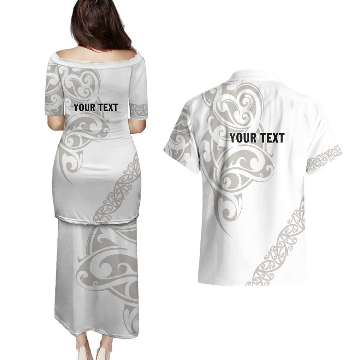 All White Maori Tribal Tattoo Personalised Couples Matching Puletasi and Hawaiian Shirt Stone Gray Polynesian Style - Polynesian Pride