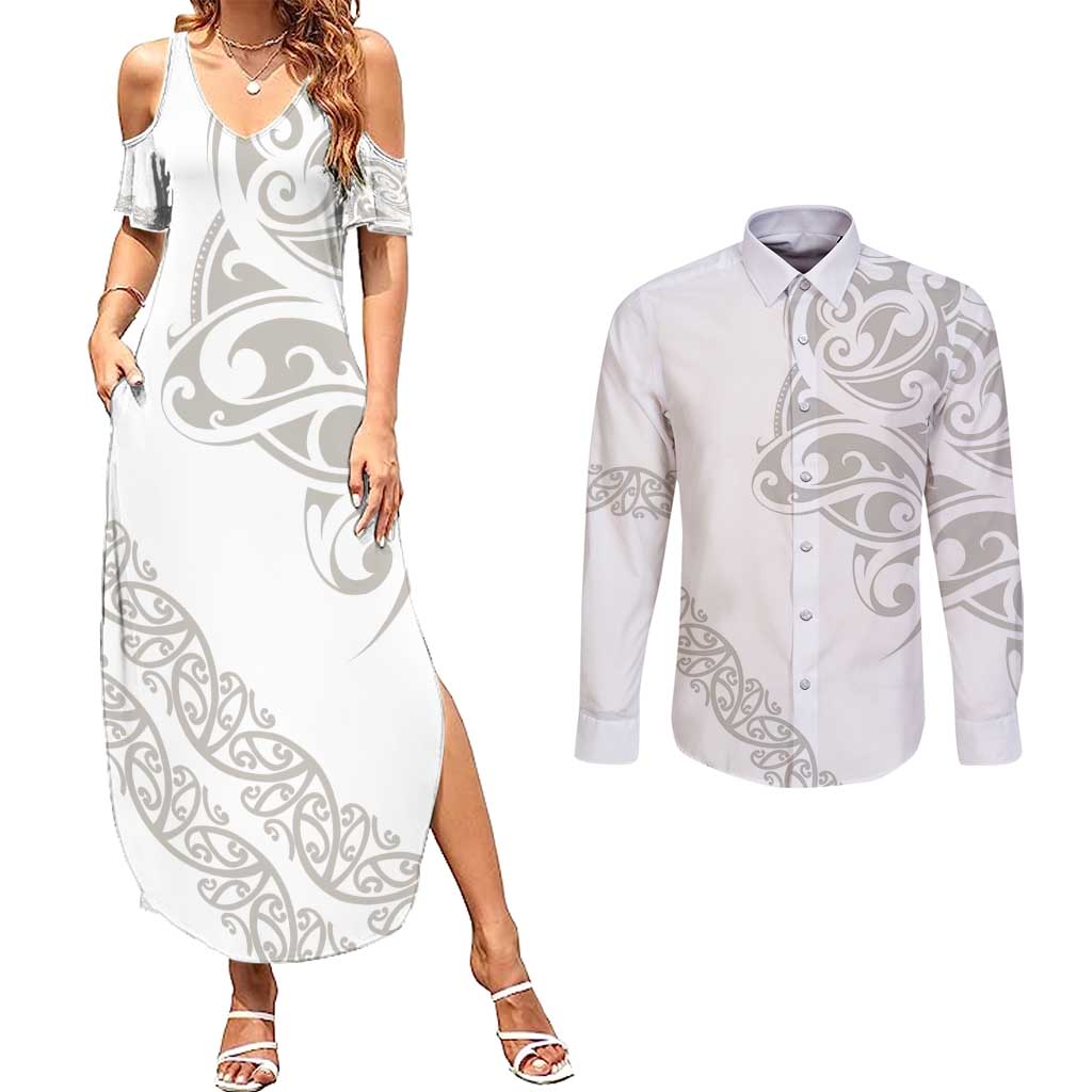 All White Maori Tribal Tattoo Personalised Couples Matching Summer Maxi Dress and Long Sleeve Button Shirt Stone Gray Polynesian Style - Polynesian Pride