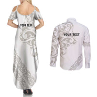 All White Maori Tribal Tattoo Personalised Couples Matching Summer Maxi Dress and Long Sleeve Button Shirt Stone Gray Polynesian Style - Polynesian Pride