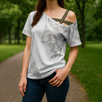 All White Maori Tribal Tattoo Personalised Cross Shoulder Shirt Stone Gray Polynesian Style - Polynesian Pride