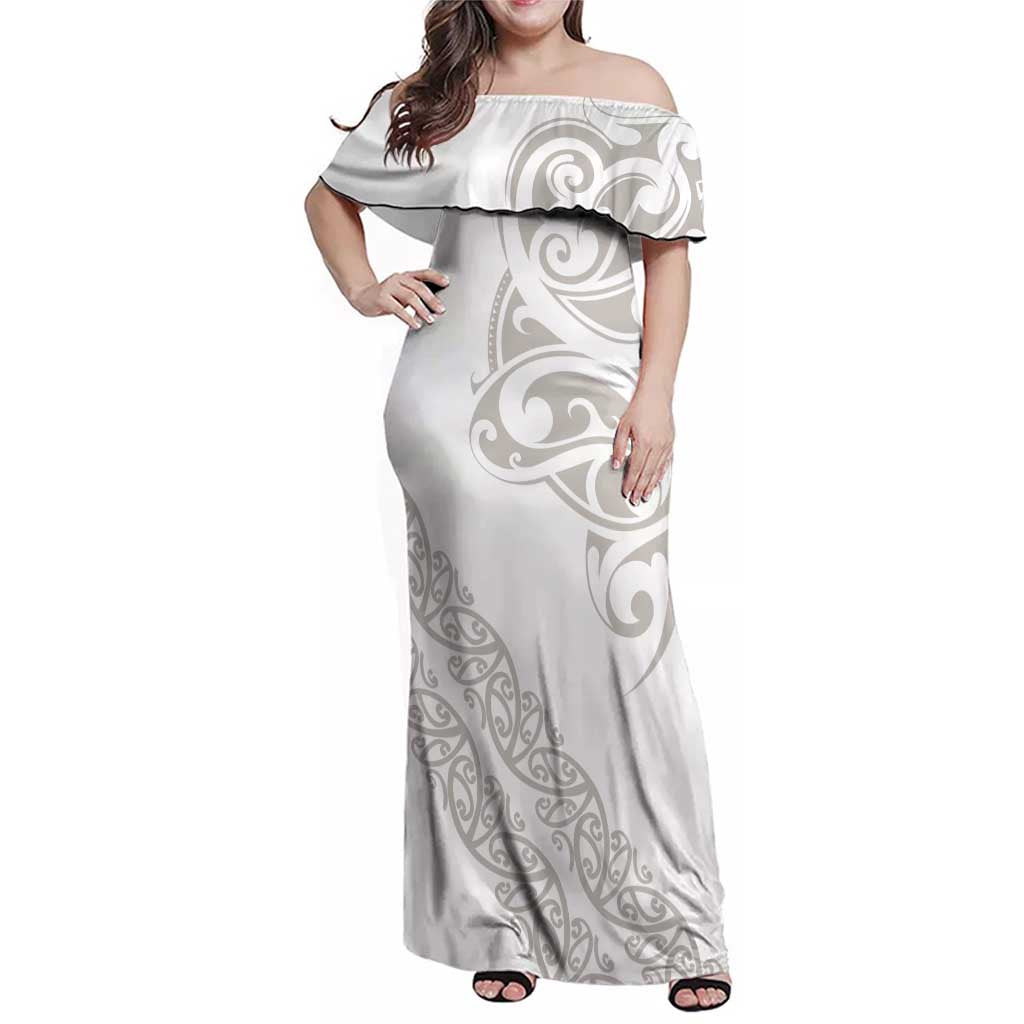 All White Maori Tribal Tattoo Personalised Family Matching Off Shoulder Maxi Dress and Hawaiian Shirt Stone Gray Polynesian Style - Polynesian Pride
