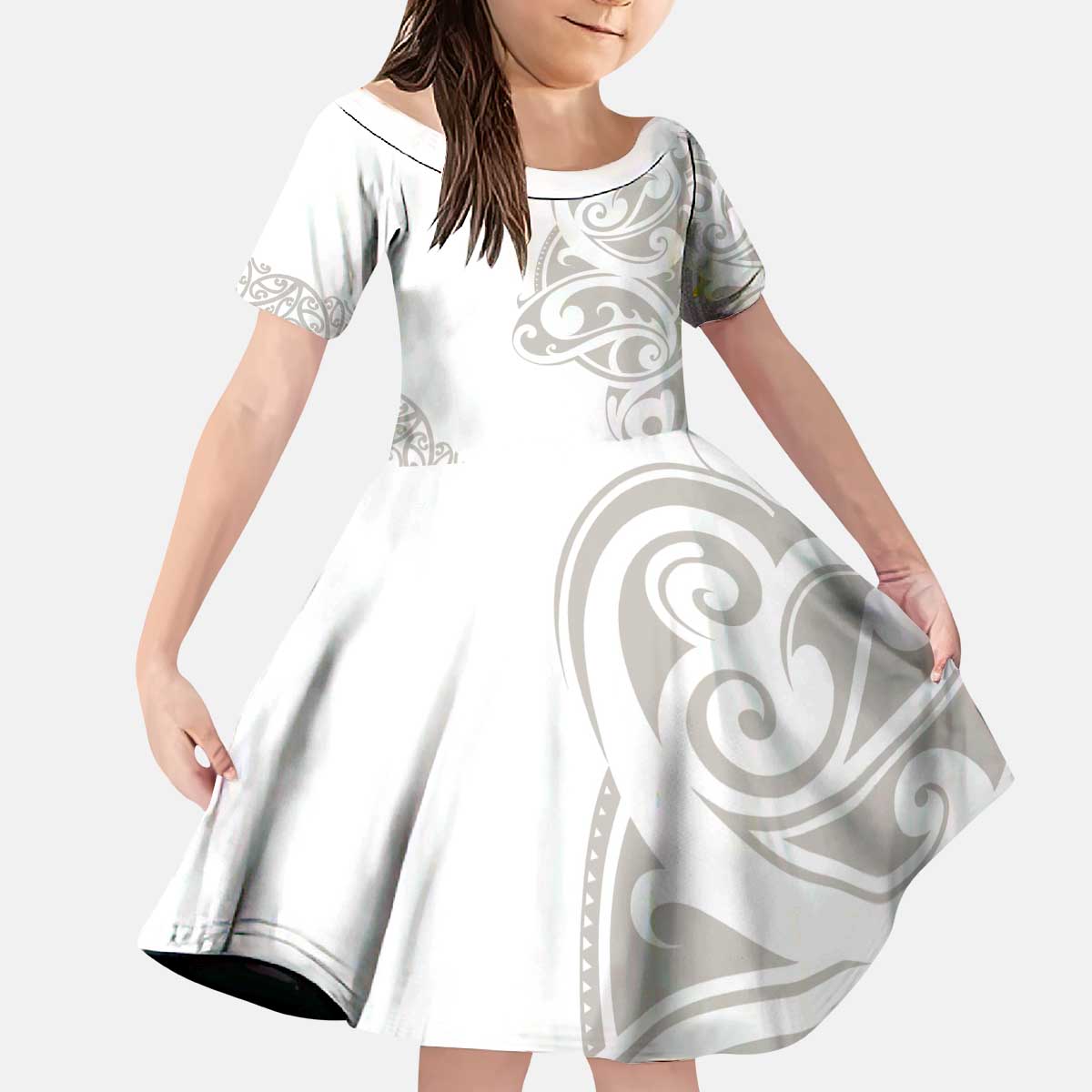 All White Maori Tribal Tattoo Personalised Kid Short Sleeve Dress Stone Gray Polynesian Style - Polynesian Pride