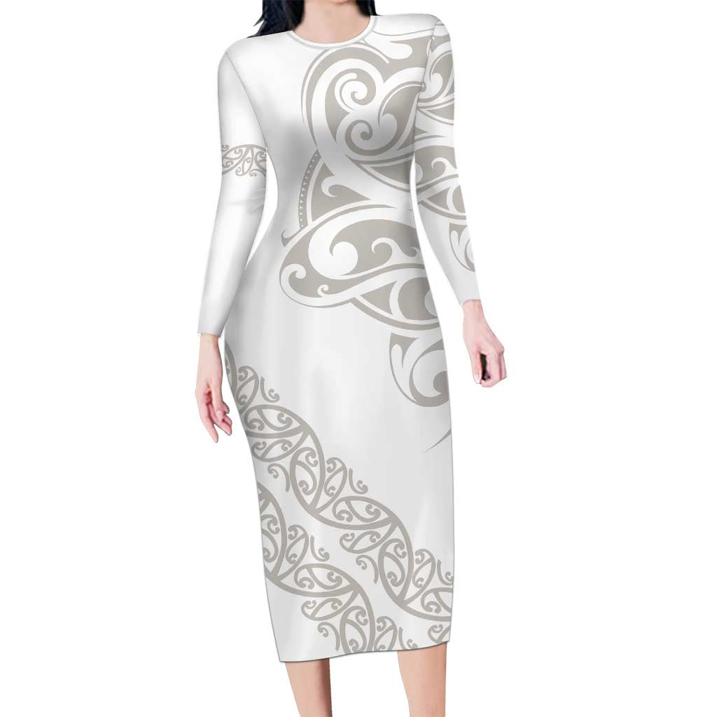 All White Maori Tribal Tattoo Personalised Long Sleeve Bodycon Dress Stone Gray Polynesian Style - Polynesian Pride