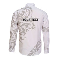 All White Maori Tribal Tattoo Personalised Long Sleeve Button Shirt Stone Gray Polynesian Style - Polynesian Pride