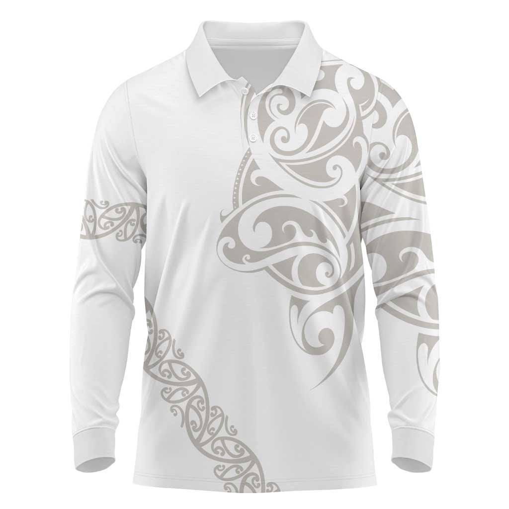 All White Maori Tribal Tattoo Personalised Long Sleeve Polo Shirt Stone Gray Polynesian Style - Polynesian Pride