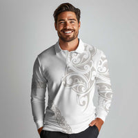 All White Maori Tribal Tattoo Personalised Long Sleeve Polo Shirt Stone Gray Polynesian Style - Polynesian Pride