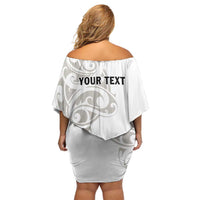 All White Maori Tribal Tattoo Personalised Off Shoulder Short Dress Stone Gray Polynesian Style - Polynesian Pride