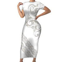 All White Maori Tribal Tattoo Personalised Short Sleeve Bodycon Dress Stone Gray Polynesian Style - Polynesian Pride