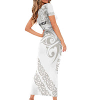 All White Maori Tribal Tattoo Personalised Short Sleeve Bodycon Dress Stone Gray Polynesian Style - Polynesian Pride