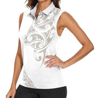 All White Maori Tribal Tattoo Personalised Women Sleeveless Polo Shirt Stone Gray Polynesian Style - Polynesian Pride
