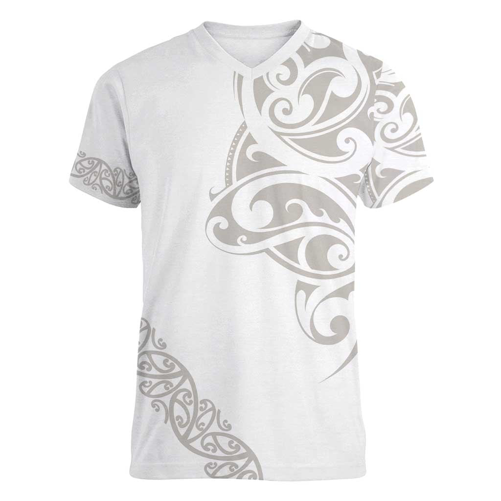 All White Maori Tribal Tattoo Personalised Women V-Neck T-Shirt Stone Gray Polynesian Style - Polynesian Pride