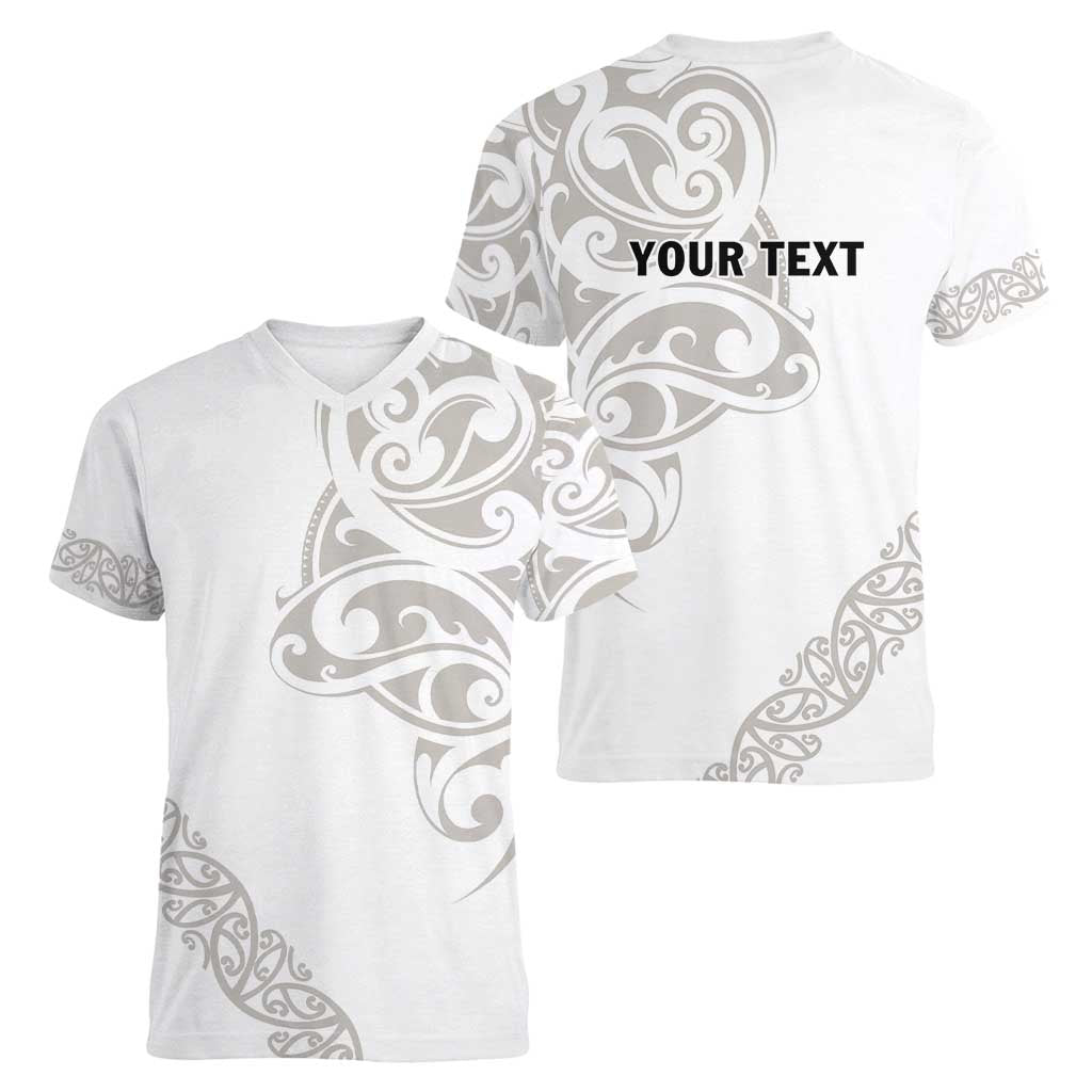 All White Maori Tribal Tattoo Personalised Women V-Neck T-Shirt Stone Gray Polynesian Style - Polynesian Pride