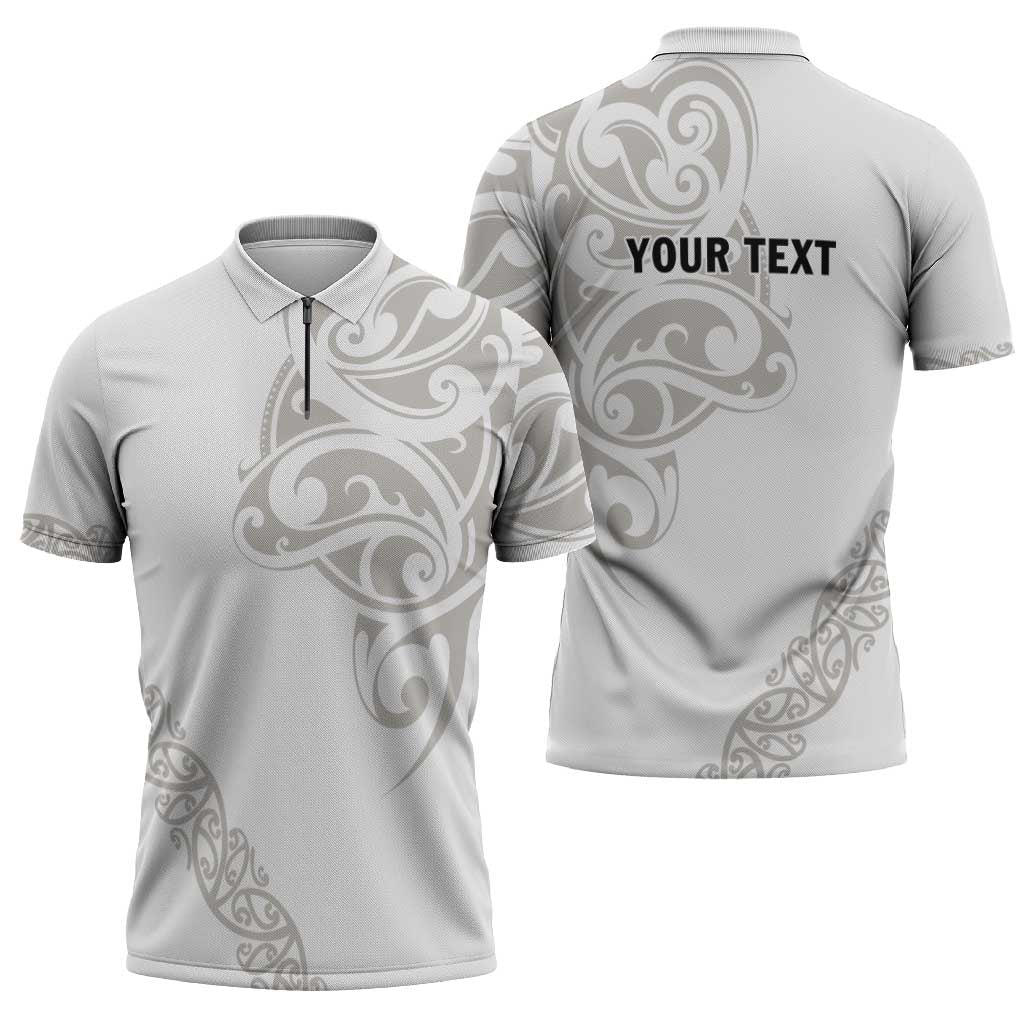 All White Maori Tribal Tattoo Personalised Zipper Polo Shirt Stone Gray Polynesian Style - Polynesian Pride