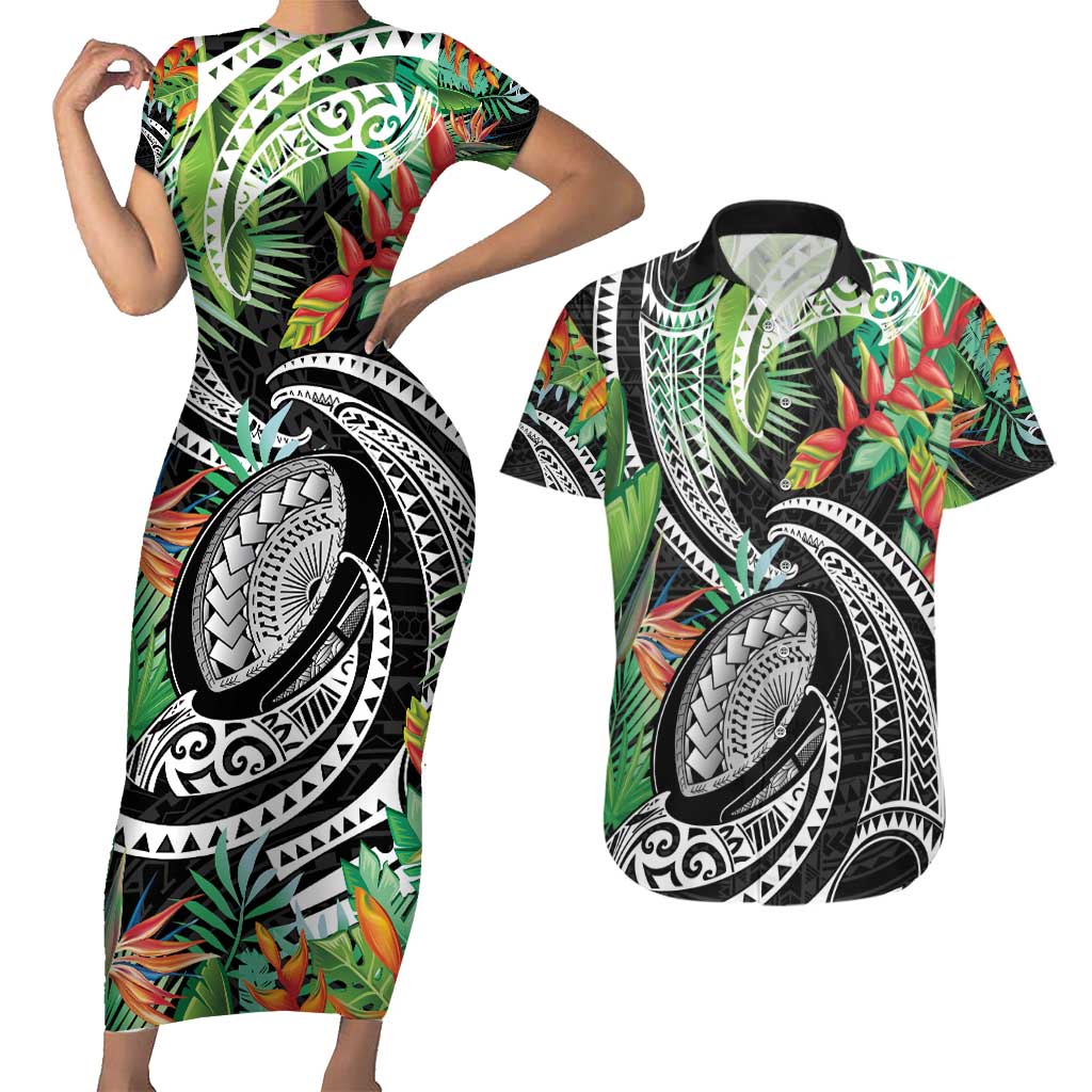 Polynesian Pacific Rugby Tribal Couples Matching Short Sleeve Bodycon Dress and Hawaiian Shirt Tropical Vibe