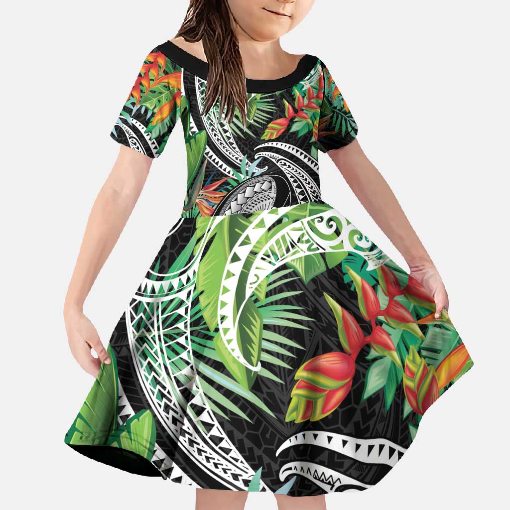 Polynesian Pacific Rugby Tribal Family Matching Off Shoulder Maxi Dress and Hawaiian Shirt Tropical Vibe LT9 Daughter's Dress Black - Polynesian Pride