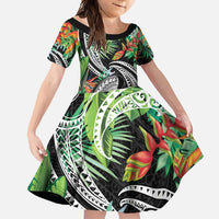 Polynesian Pacific Rugby Tribal Family Matching Off Shoulder Maxi Dress and Hawaiian Shirt Tropical Vibe LT9 Daughter's Dress Black - Polynesian Pride