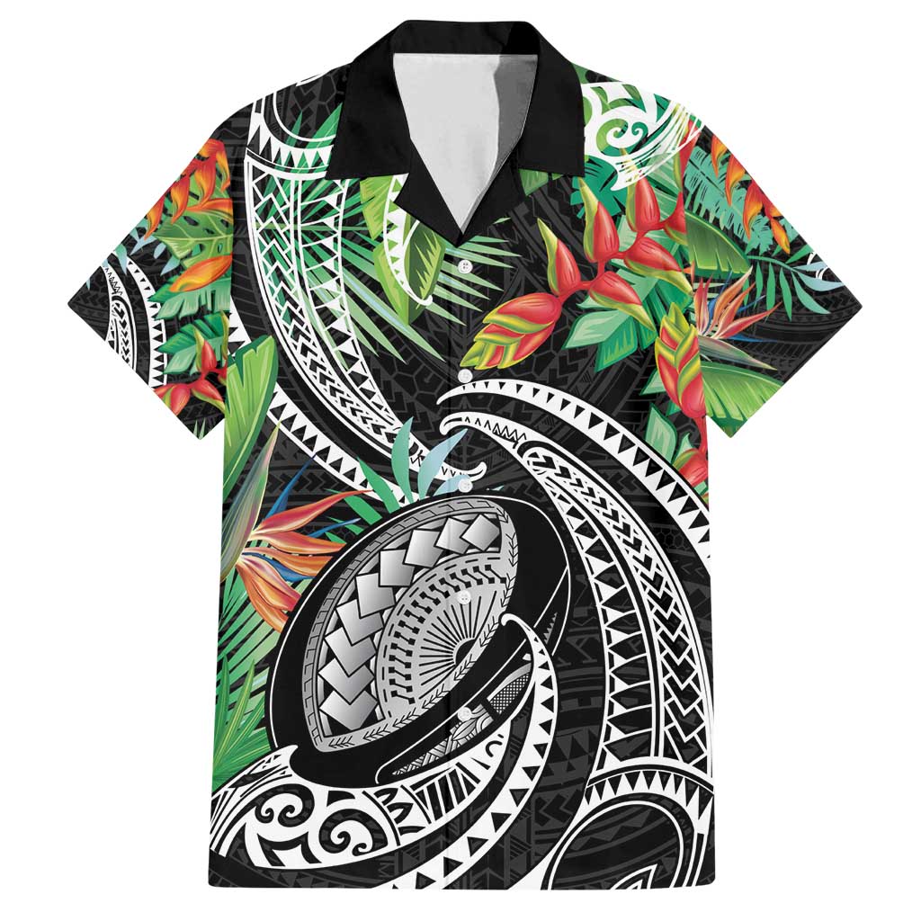 Polynesian Pacific Rugby Tribal Family Matching Off Shoulder Maxi Dress and Hawaiian Shirt Tropical Vibe LT9 Dad's Shirt - Short Sleeve Black - Polynesian Pride