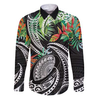 Polynesian Pacific Rugby Tribal Family Matching Off Shoulder Maxi Dress and Hawaiian Shirt Tropical Vibe LT9 Dad's Shirt - Long Sleeve Black - Polynesian Pride