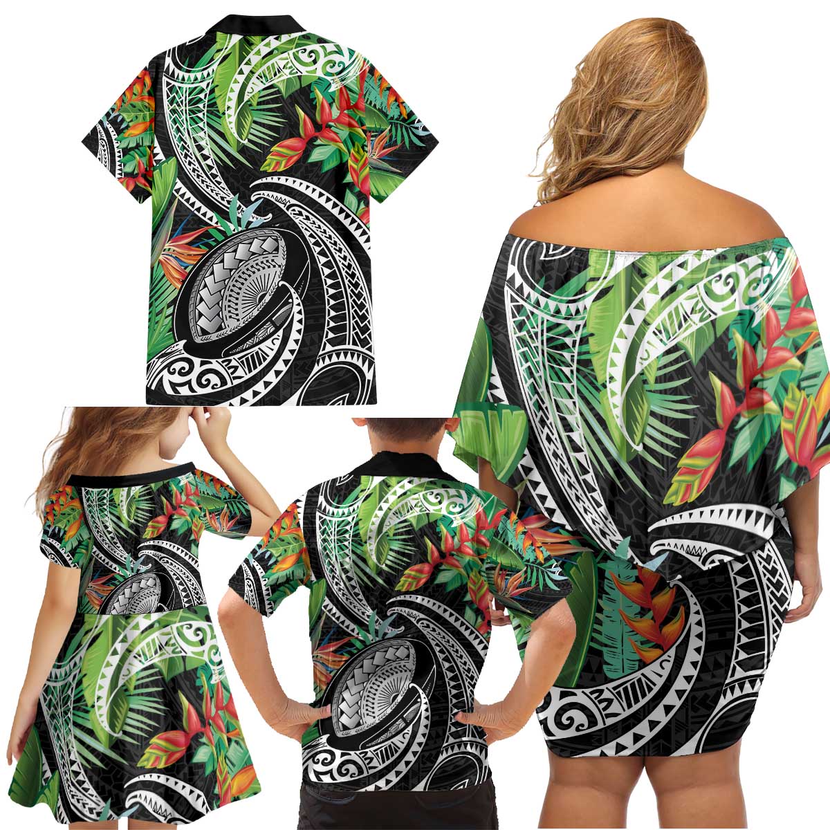 Polynesian Pacific Rugby Tribal Family Matching Off Shoulder Short Dress and Hawaiian Shirt Tropical Vibe