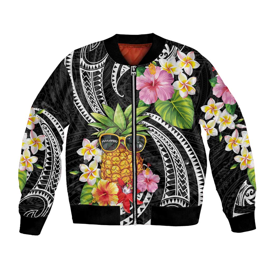 Hau'oli Makahiki Hou Bomber Jacket Aloha Pineapple Tropical Vibe