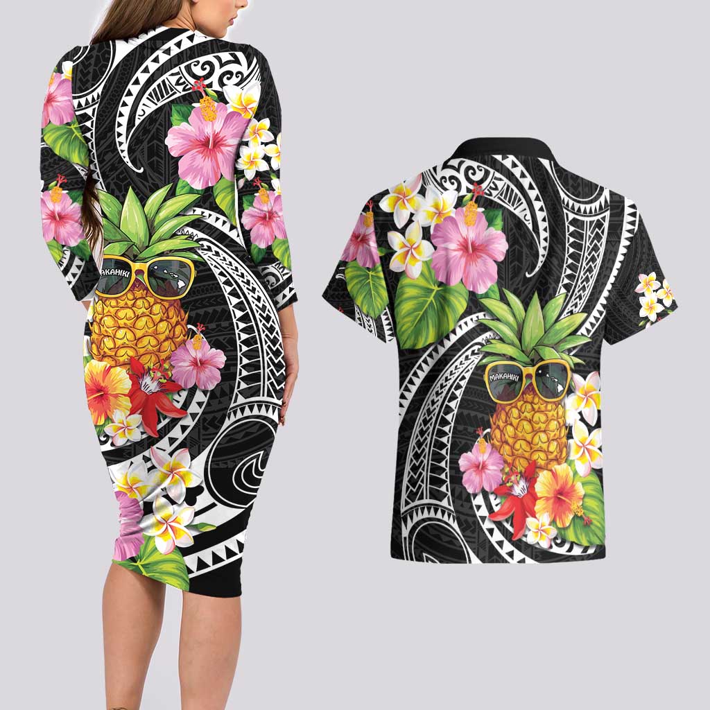 Hau'oli Makahiki Hou Couples Matching Long Sleeve Bodycon Dress and Hawaiian Shirt Aloha Pineapple Tropical Vibe