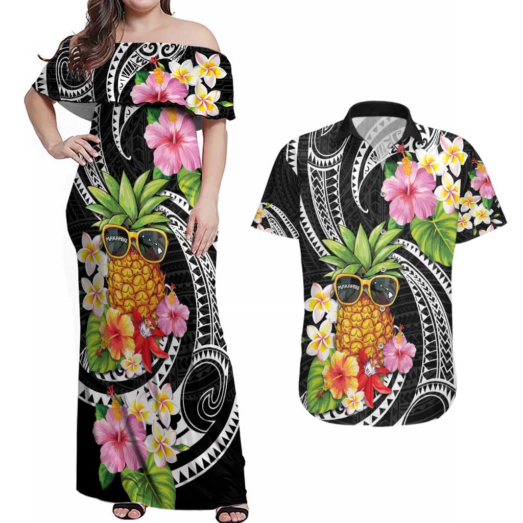 Hau'oli Makahiki Hou Couples Matching Off Shoulder Maxi Dress and Hawaiian Shirt Aloha Pineapple Tropical Vibe