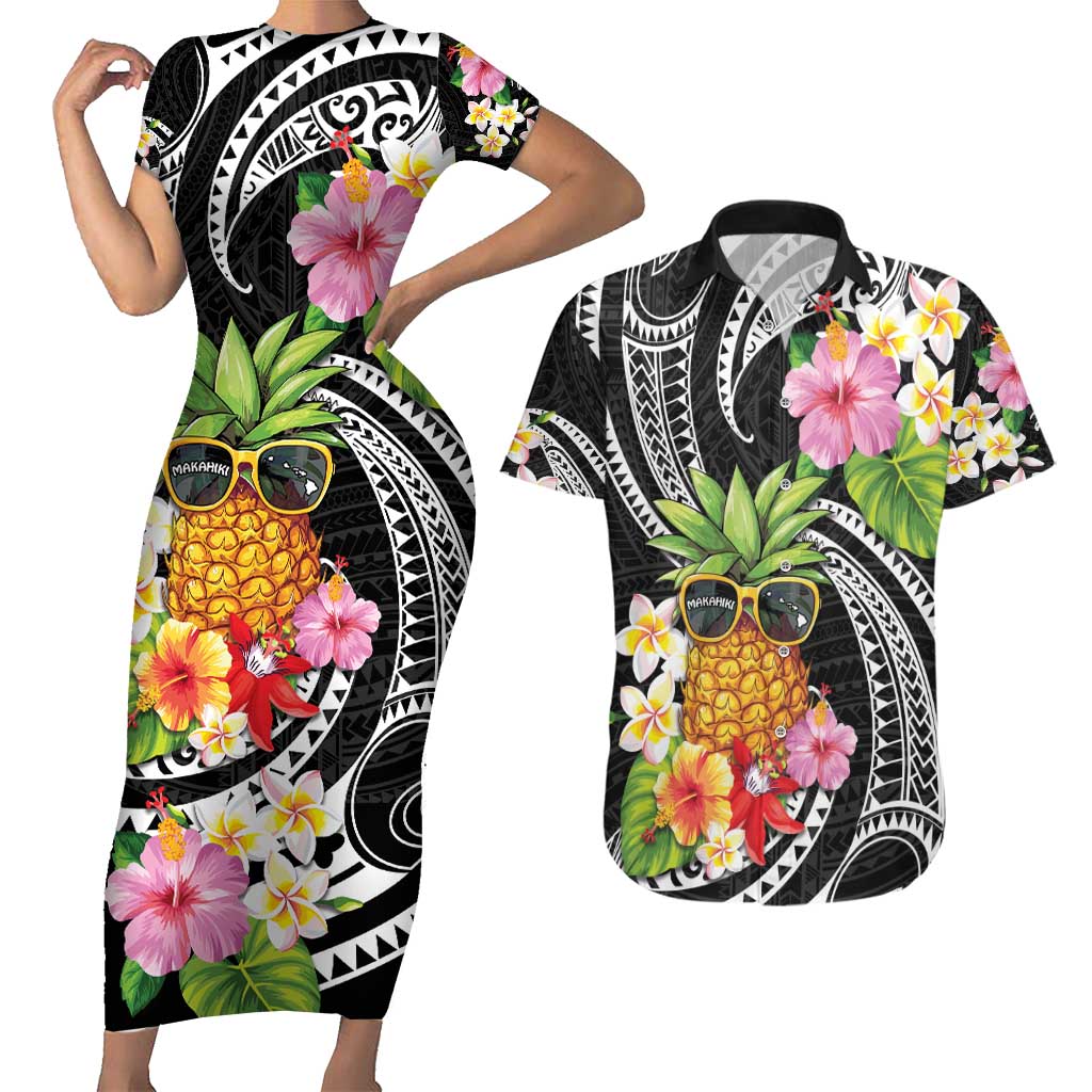 Hau'oli Makahiki Hou Couples Matching Short Sleeve Bodycon Dress and Hawaiian Shirt Aloha Pineapple Tropical Vibe