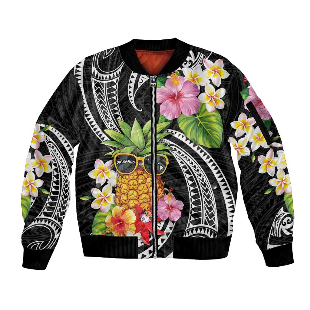 Hau'oli Makahiki Hou Sleeve Zip Bomber Jacket Aloha Pineapple Tropical Vibe