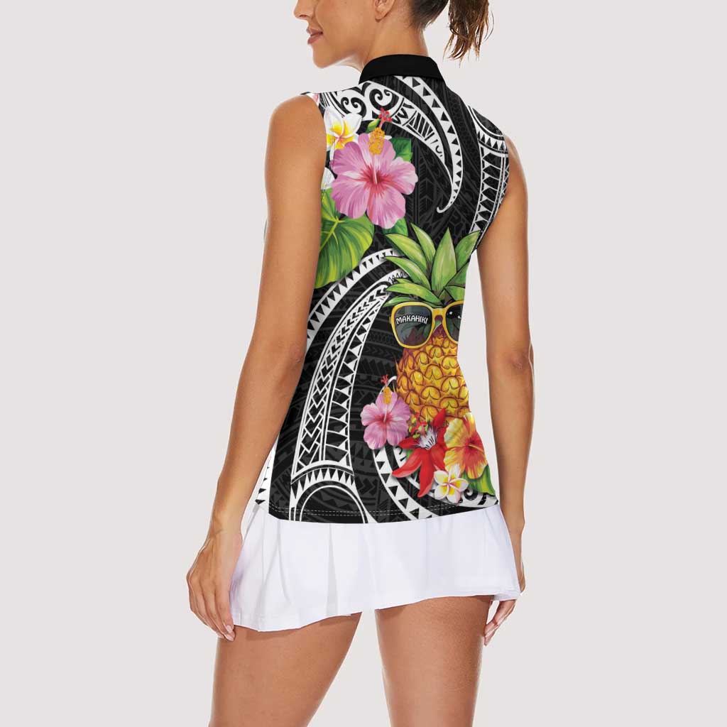 Hau'oli Makahiki Hou Women Sleeveless Polo Shirt Aloha Pineapple Tropical Vibe