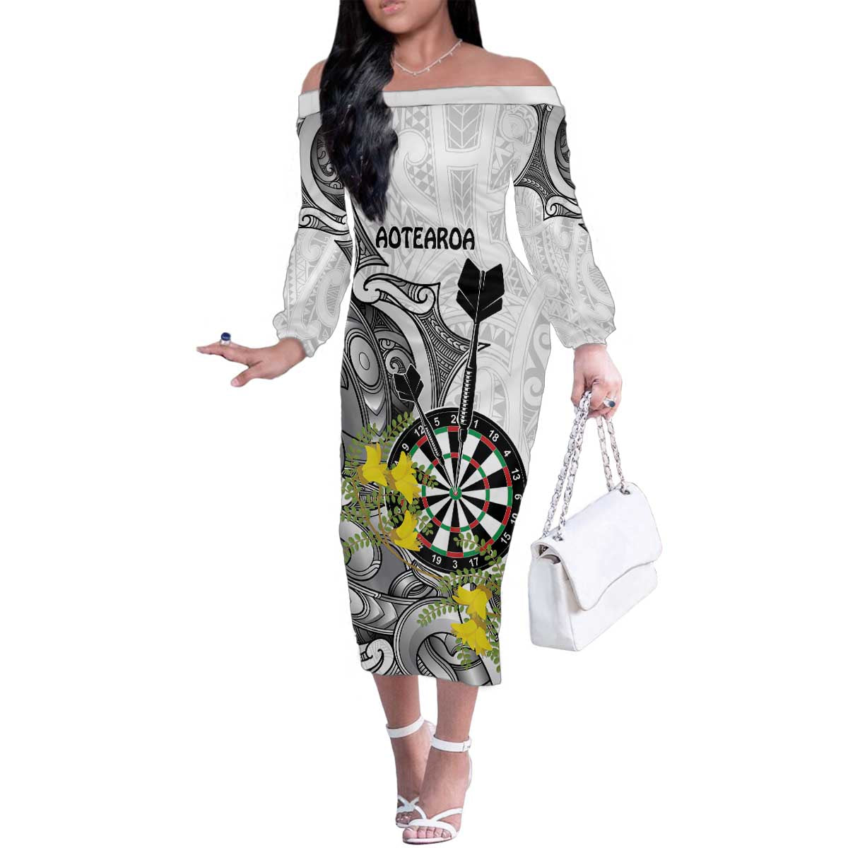 Personalised New Zealand Darts Family Matching Off The Shoulder Long Sleeve Dress and Hawaiian Shirt Kowhai Floral with Maori Tattoo