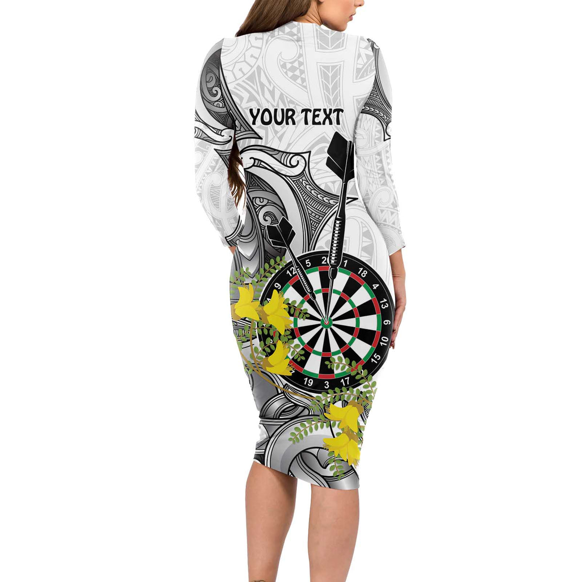 Personalised New Zealand Darts Long Sleeve Bodycon Dress Kowhai Floral with Maori Tattoo