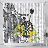 Personalised New Zealand Darts Shower Curtain Kowhai Floral with Maori Tattoo