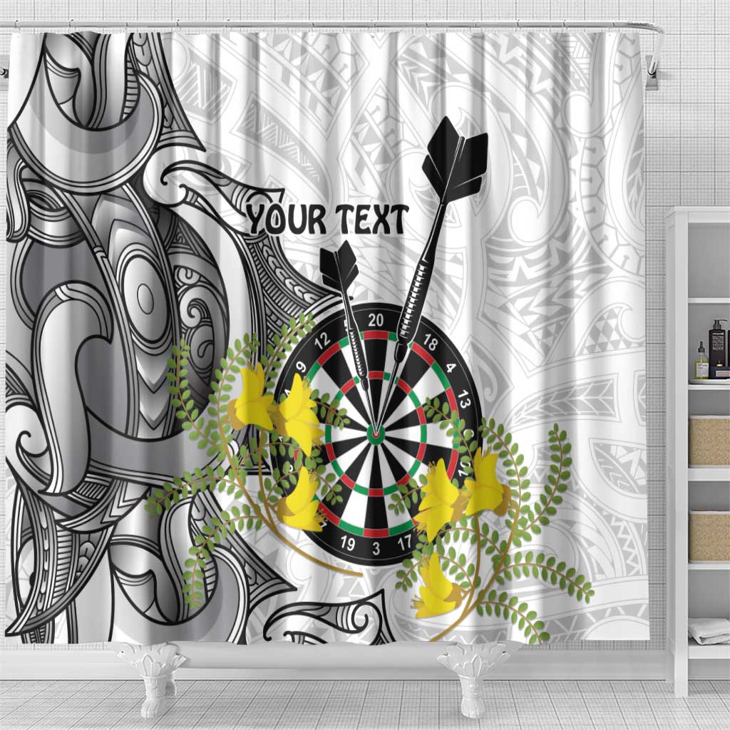 Personalised New Zealand Darts Shower Curtain Kowhai Floral with Maori Tattoo