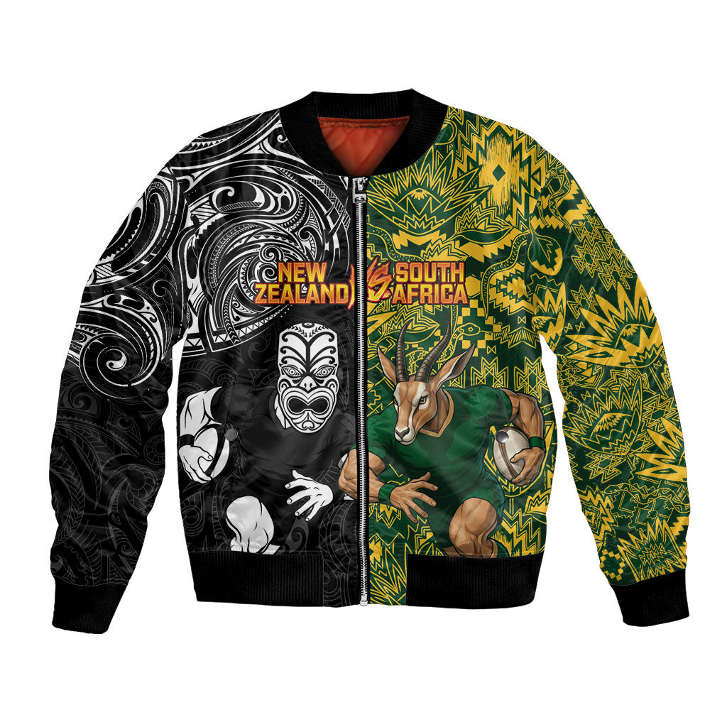 Custom New Zealand vs South Africa Bomber Jacket Rugby Rivalry Two Nations One Battle LT9 Unisex Multicolor - Polynesian Pride