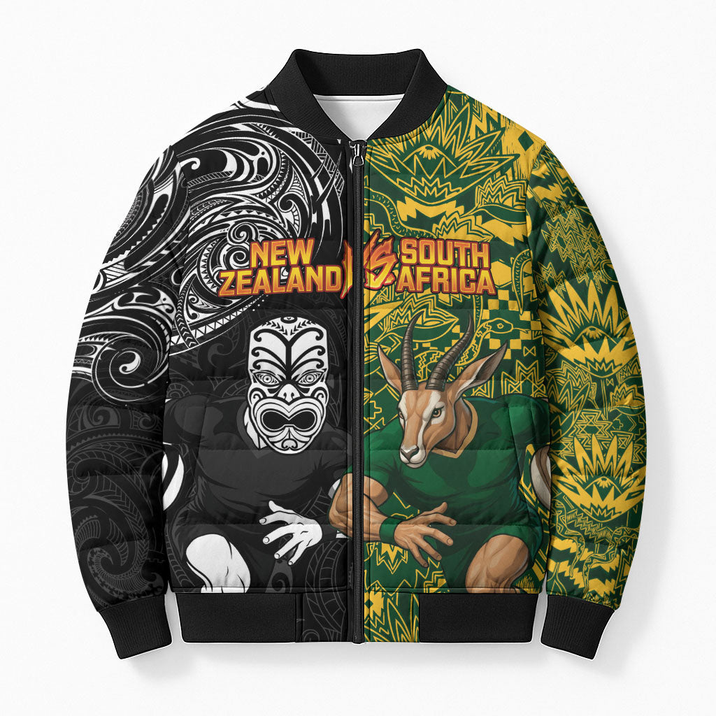 Custom New Zealand vs South Africa Bomber Puffer Jacket Rugby Rivalry Two Nations One Battle LT9 Unisex Multicolor - Polynesian Pride