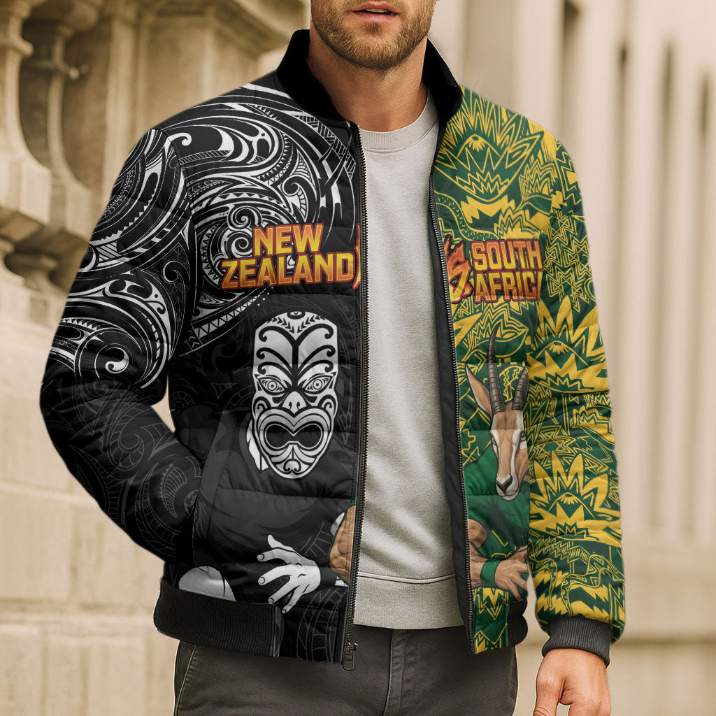 Custom New Zealand vs South Africa Bomber Puffer Jacket Rugby Rivalry Two Nations One Battle LT9 - Polynesian Pride