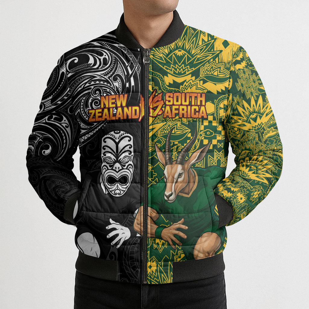 Custom New Zealand vs South Africa Bomber Puffer Jacket Rugby Rivalry Two Nations One Battle LT9 - Polynesian Pride