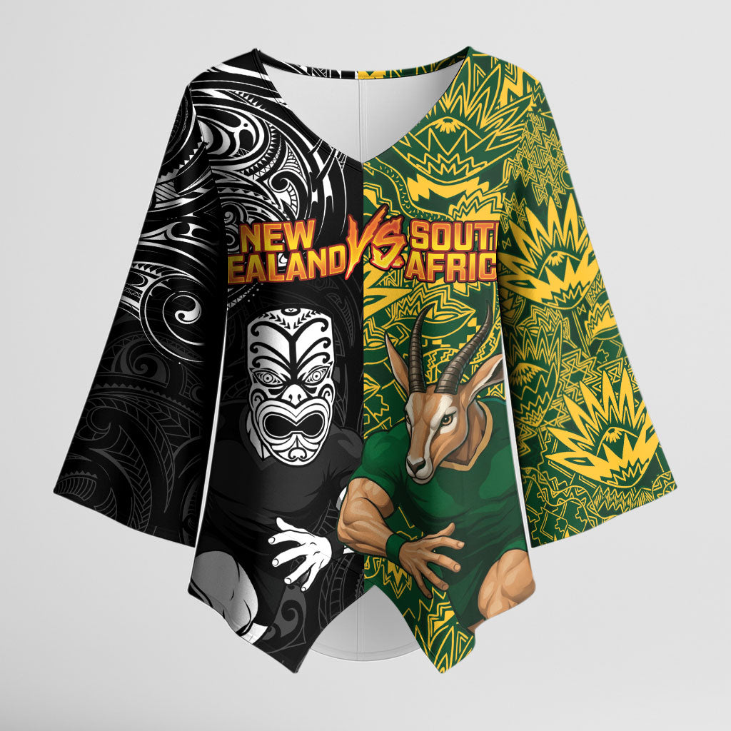 Custom New Zealand vs South Africa Kimono Sleeve Blouse Rugby Rivalry Two Nations One Battle LT9 Female Multicolor - Polynesian Pride