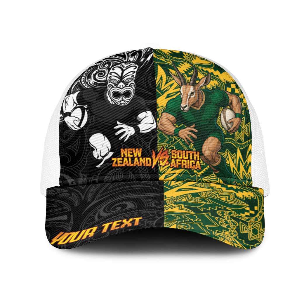 Personalised New Zealand vs South Africa Mesh Trucker Cap Rugby Rivalry Two Nations One Battle LT9 One Size White Multicolor - Polynesian Pride