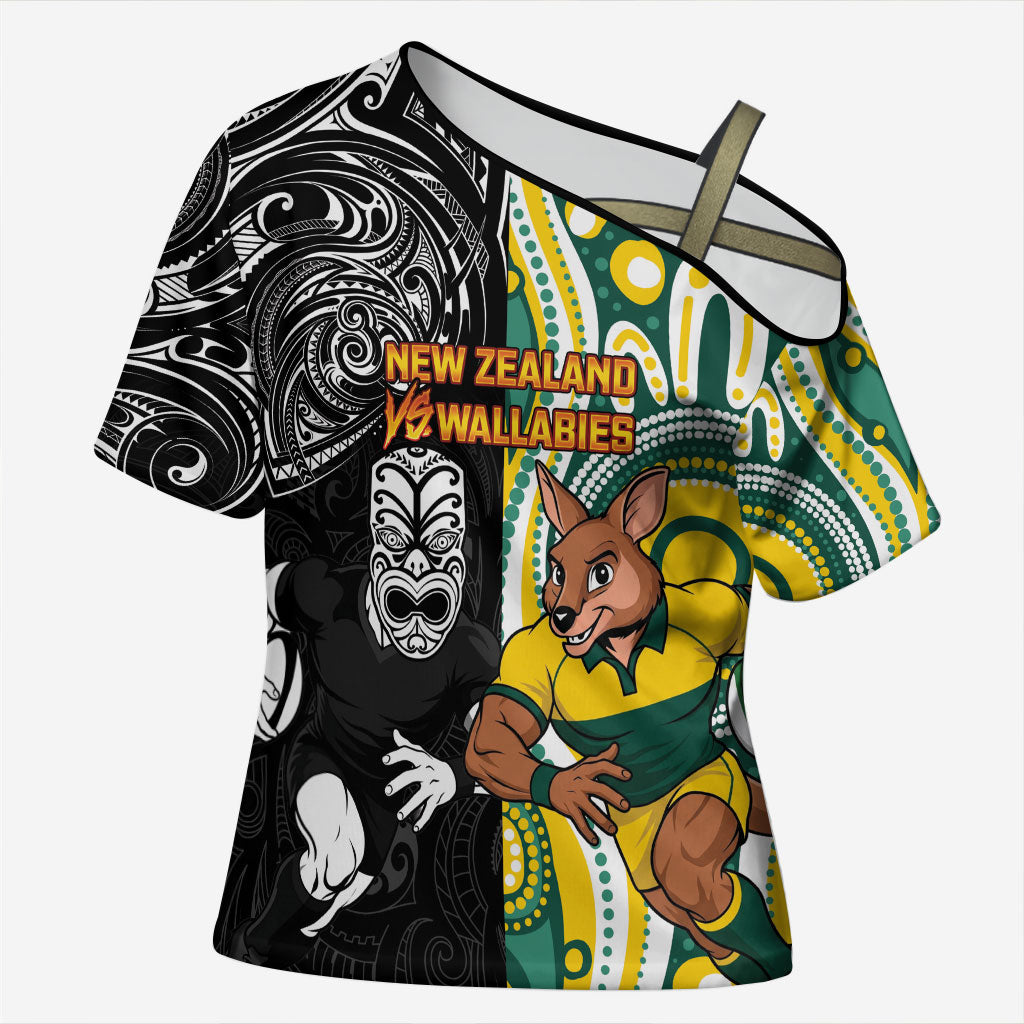 Custom Australia vs New Zealand Cross Shoulder Shirt Rugby Rivalry Two Nations One Battle LT9 Female Multicolor - Polynesian Pride
