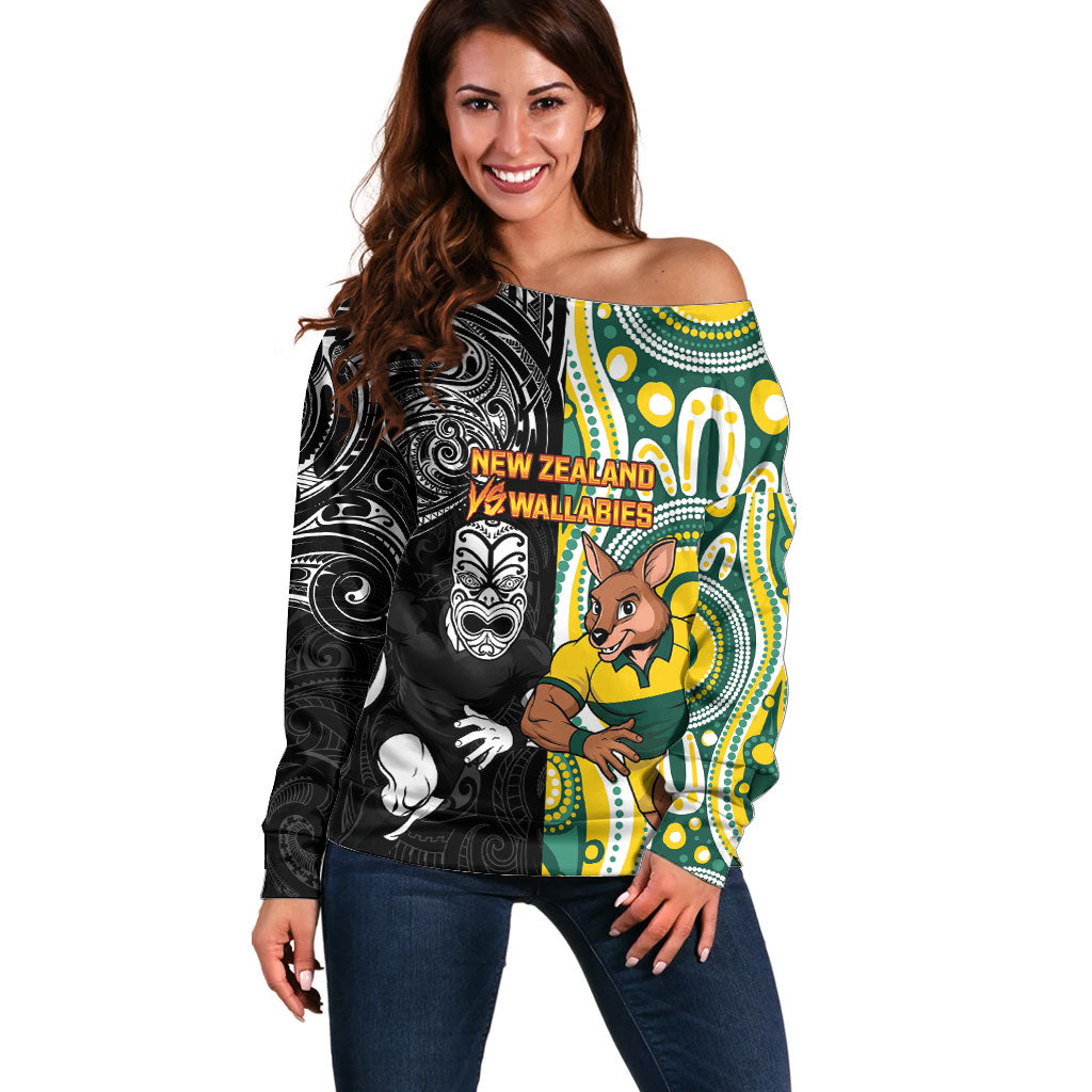 Custom Australia vs New Zealand Off Shoulder Sweater Rugby Rivalry Two Nations One Battle LT9 Women Multicolor - Polynesian Pride