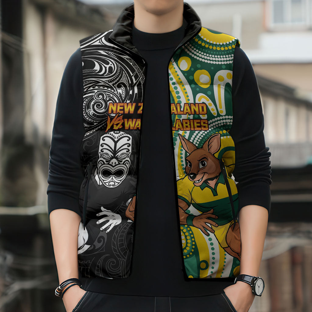 Custom Australia vs New Zealand Sleeveless Puffer Jacket Rugby Rivalry Two Nations One Battle