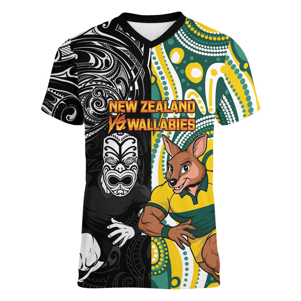 Custom Australia vs New Zealand Women V-Neck T-Shirt Rugby Rivalry Two Nations One Battle