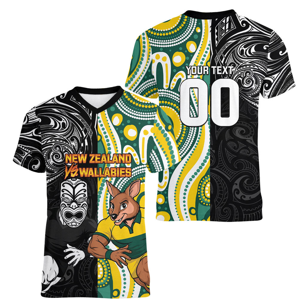 Custom Australia vs New Zealand Women V-Neck T-Shirt Rugby Rivalry Two Nations One Battle
