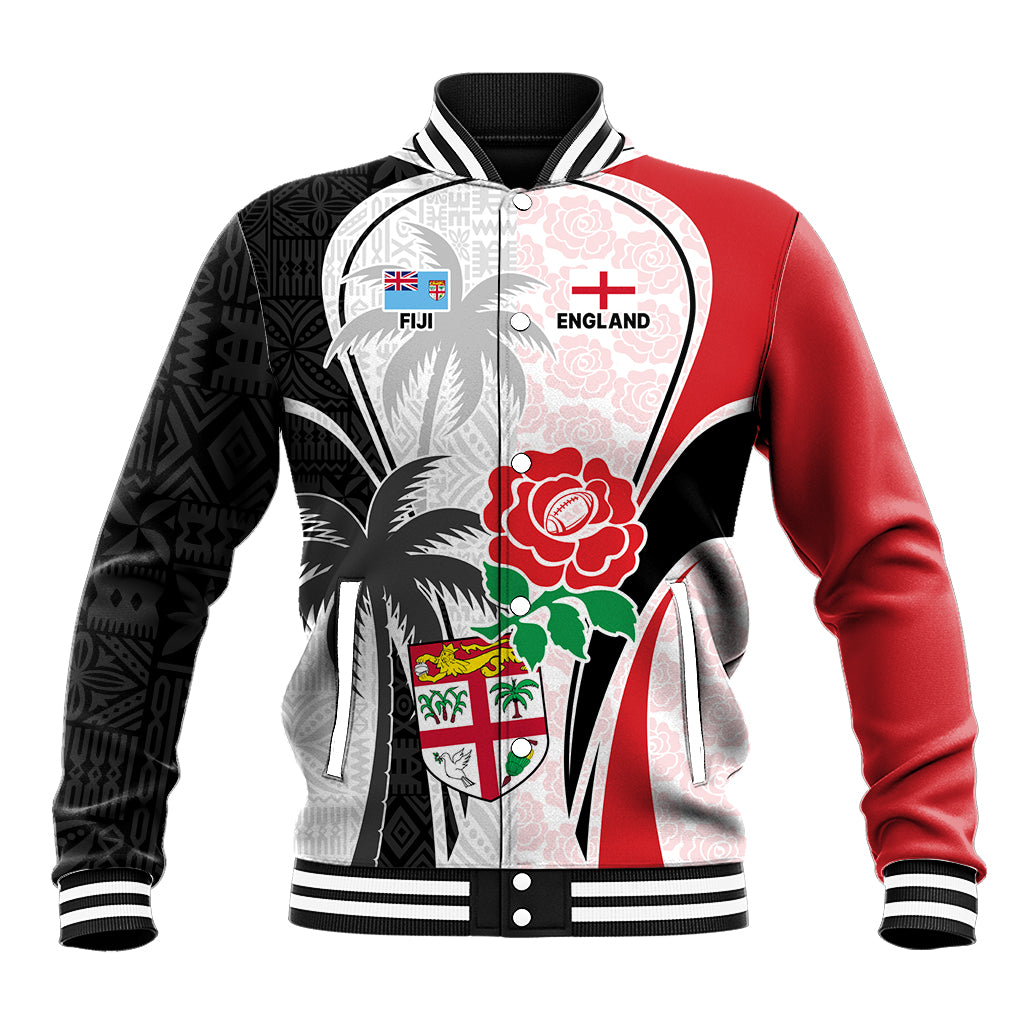 Custom Fiji England Rugby Baseball Jacket Tapa Pattern and Rose Flower World Cup 2023 LT9 Unisex White - Polynesian Pride