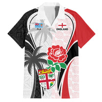 Custom Fiji England Rugby Family Matching Long Sleeve Bodycon Dress and Hawaiian Shirt Tapa Pattern and Rose Flower World Cup 2023 LT9 Dad's Shirt - Short Sleeve White - Polynesian Pride