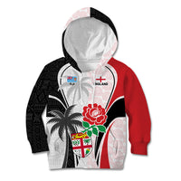 Custom Fiji England Rugby Kid Hoodie Tapa Pattern and Rose Flower World Cup 2023 LT9 White - Polynesian Pride