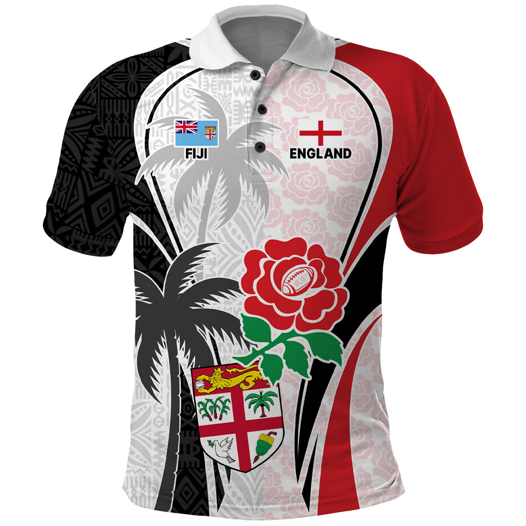 Custom Fiji England Rugby Polo Shirt Tapa Pattern and Rose Flower World Cup 2023 LT9 White - Polynesian Pride