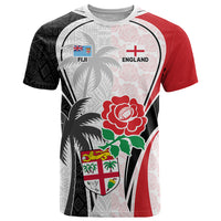 Custom Fiji England Rugby T Shirt Tapa Pattern and Rose Flower World Cup 2023 LT9 White - Polynesian Pride